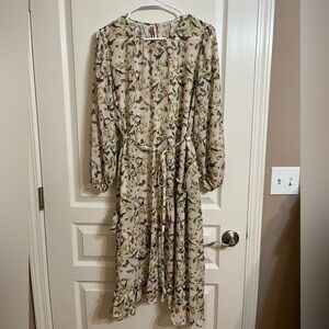 Cream and Green Midi Sundress with Long Bishop Sleeves and Ruched Tie Front